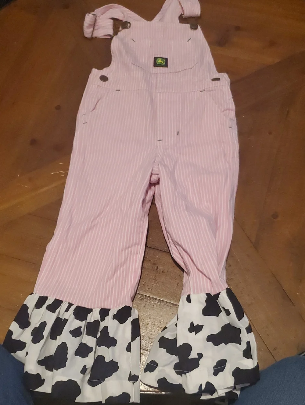 John Deere Pink & White Striped Overalls with Cow-Print Ruffle Cuffs